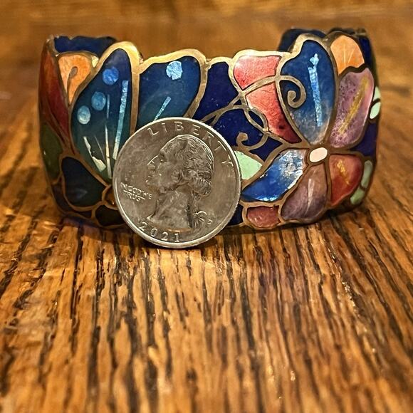 Vintage Signed David Kuo Champleve Enamel Cuff Bracelet Cloisonné Butterfly - Picture 14 of 16